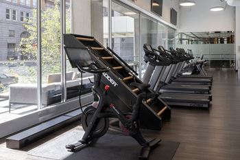 A row of exercise bikes in a gym 
